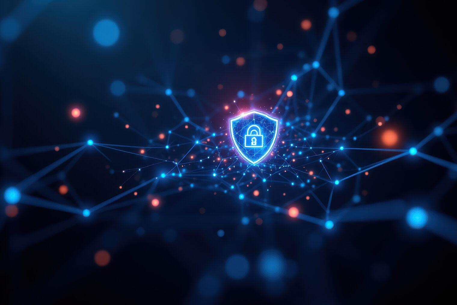 Cybersicherheit im Fokus: Vernetzte Systeme brauchen Schutz Digitales Sicherheitssymbol mit Schloss inmitten eines vernetzten Daten- und Lichternetzes auf dunklem Hintergrund
